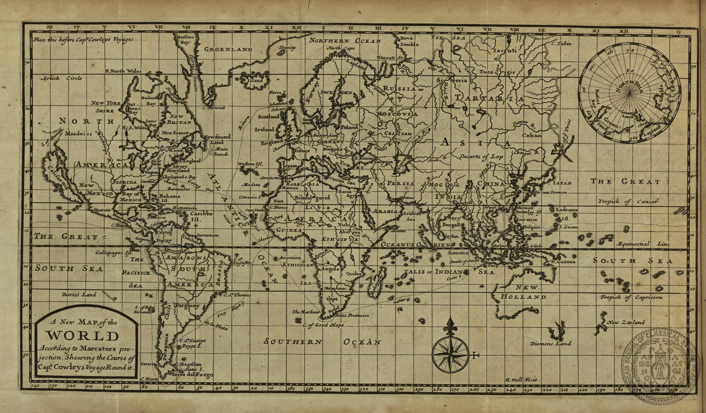 A new map of the World according to Mercators projection, shewing the Course of Capt. Cowleys Voyage Round it.